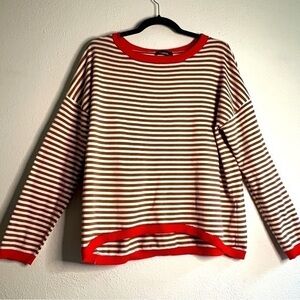 Fashion white/brown striped sweater w/ orange trim. Sz M. Preowned. EUC.